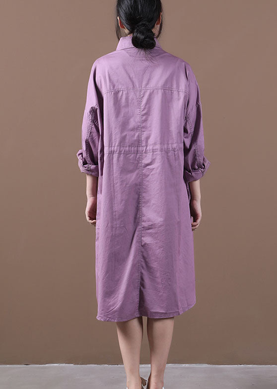 Purple Peter Pan Collar Button Cotton Shirt Dresses Long Sleeve