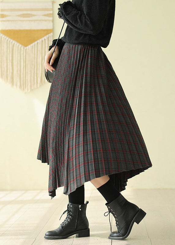 Chocolate Elastic Waist Asymmetrical Design Plaid Cotton Skirt Fall