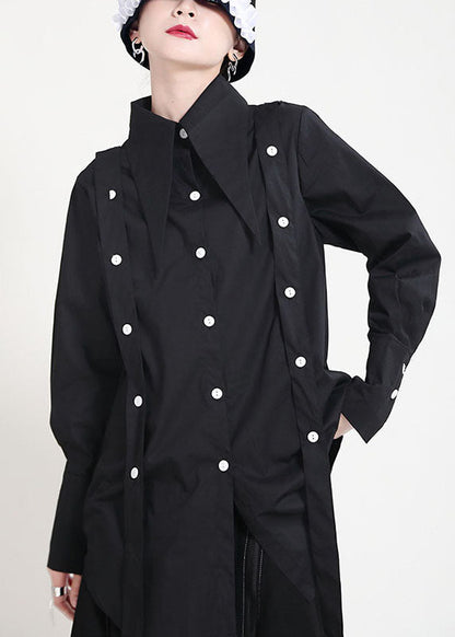 Black Peter Pan Collar Button Asymmetrical Design Patchwork Fall Shirts Long Sleeve