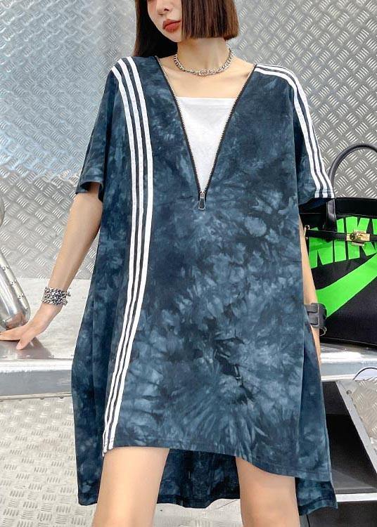 Comfy Tie Dye Blue Zippered V Neck Dresses Summer