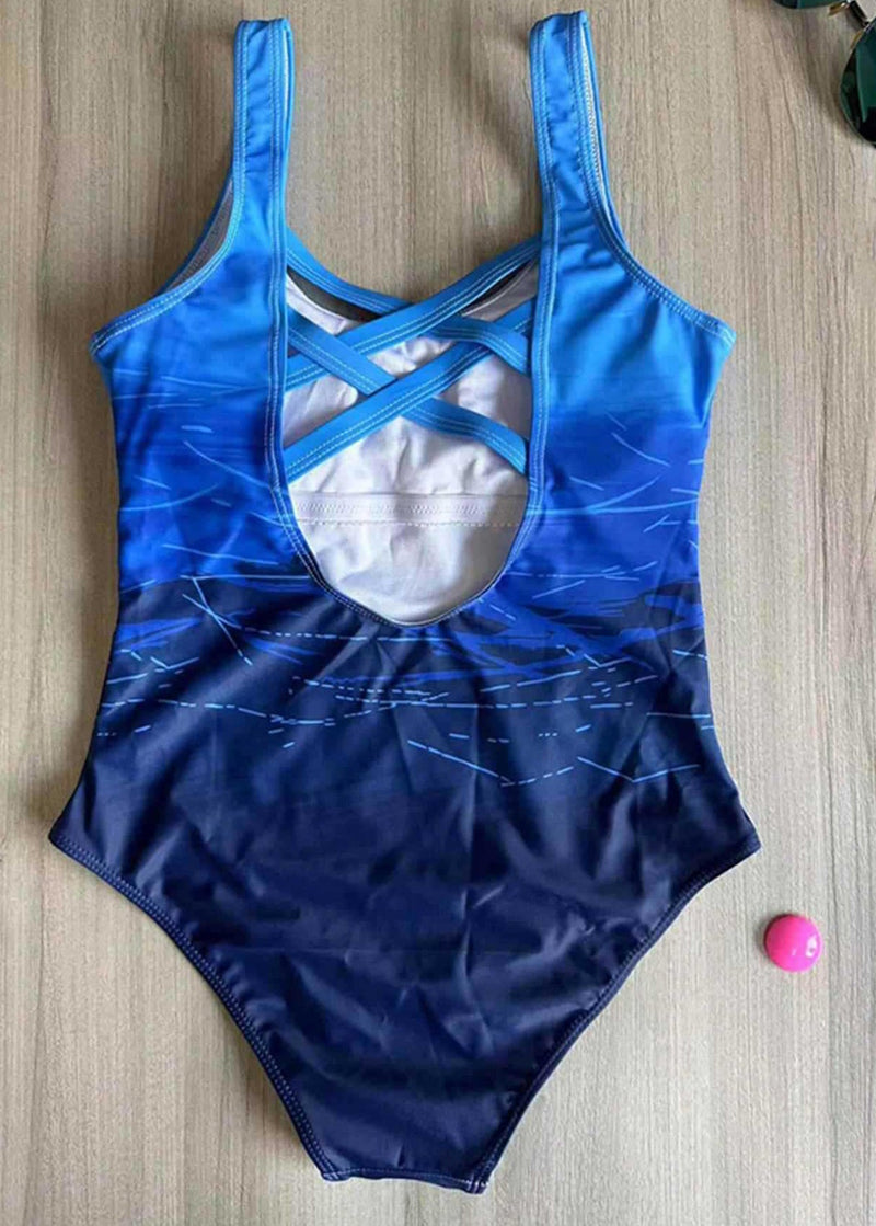 Blue Gradient Color U Neck Leaky Back One Piece Swimwear