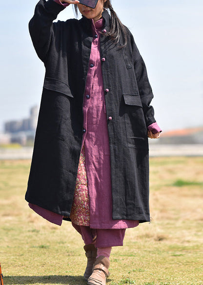 Black Stand Collar Pockets Linen Coat Fall
