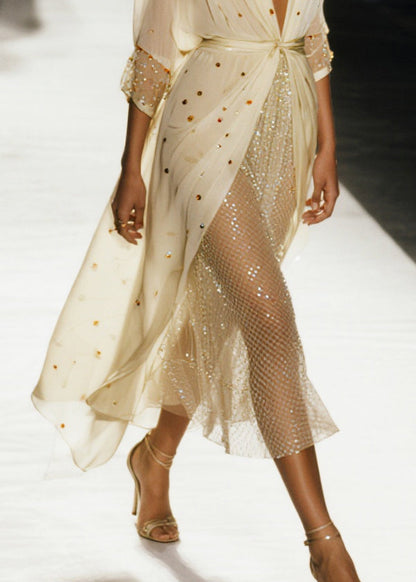 Apricot Sequins Draping Tulle Upf 50+cardigans Dress Summer