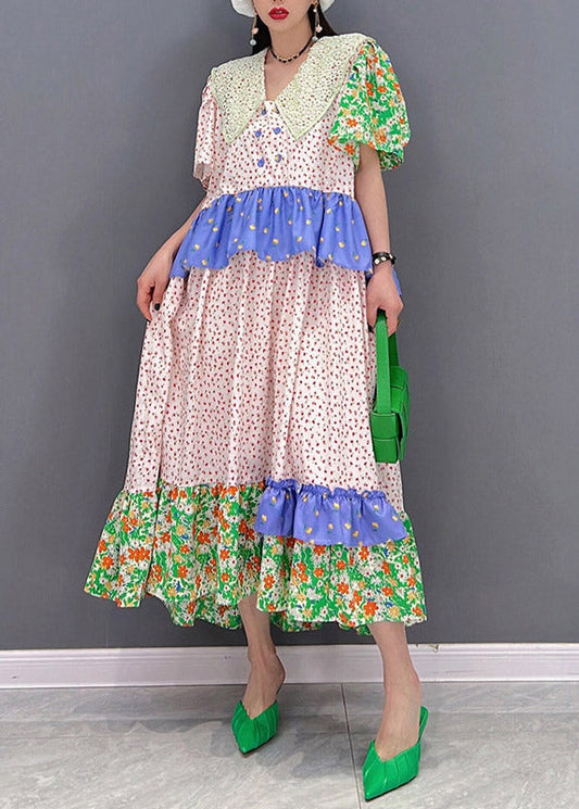 Peter Pan Collar Print Button Ruffles Tie Waist Dresses Short Sleeve