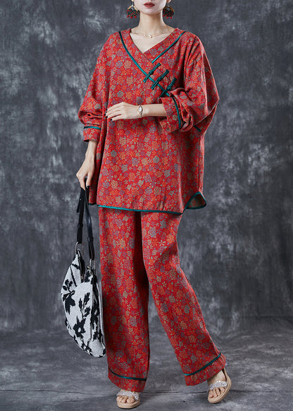 Italian Red Print Chinese Button Cotton Two-piece Set Spring
