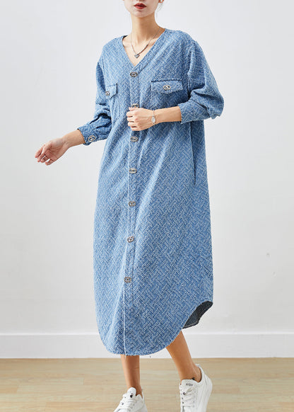Denim Blue V Neck Cotton Long Dress Fall