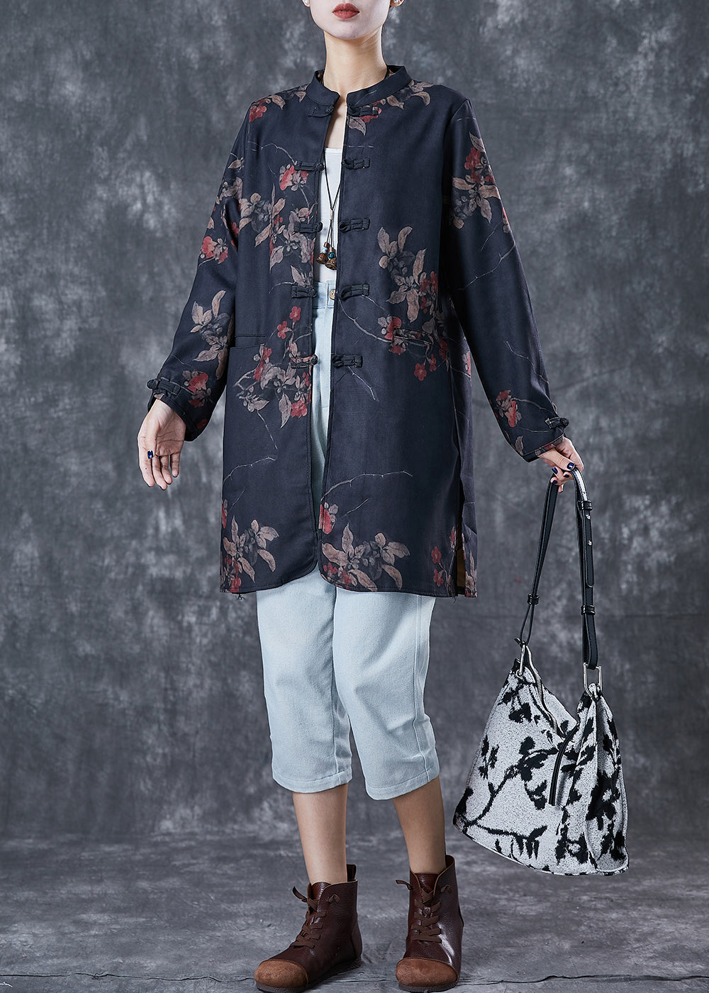 Black Tie Dye Chinese Button Linen Blouses Fall