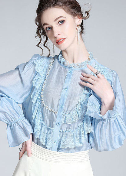 Light Blue Lace Ruffled Nail Bead Patchwork Silk Shirt Spring