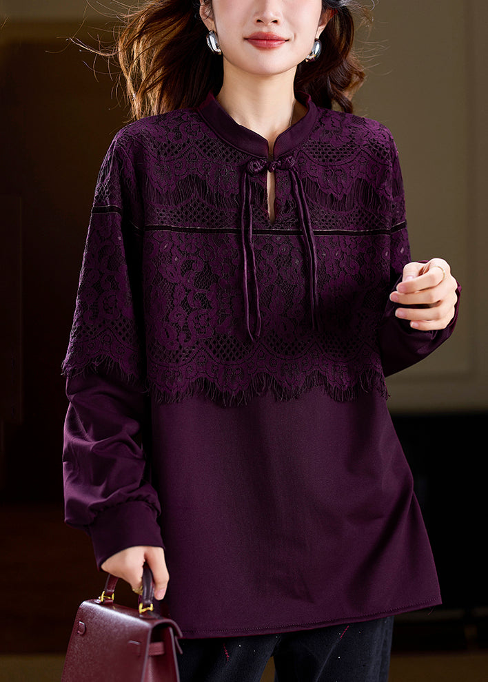 Purple Chinese Button Patchwork Lace T Shirts Spring