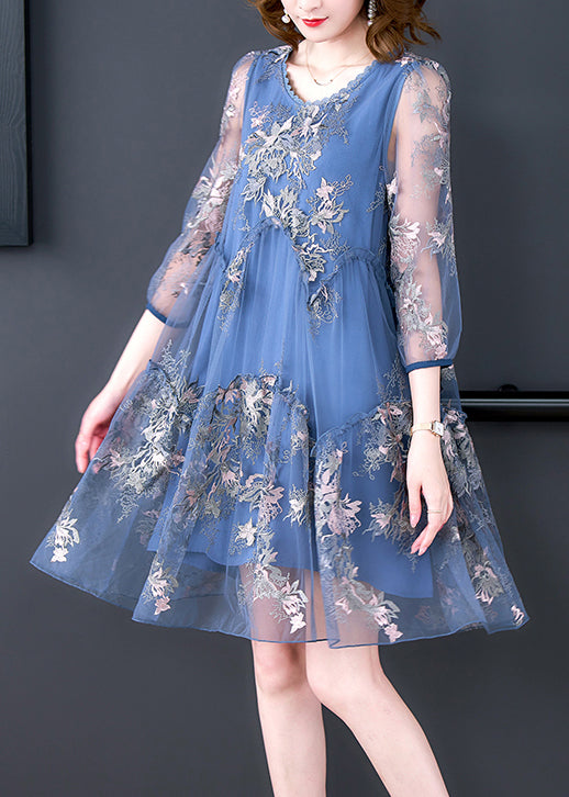 Blue O-neck Print Patchwork Tulle Vacation Dresses Half Sleeve