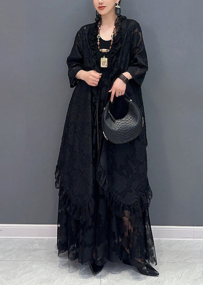 Black Ruffled Lace Up Patchwork Lace Two Piece Set Summer