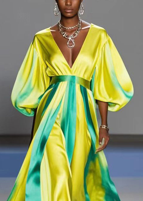 Yellow V Neck Tie Dye Silk Vacation Dresses Lantern Sleeve