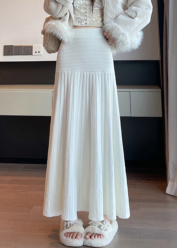 New White High Waist Knit Pleated Skirt