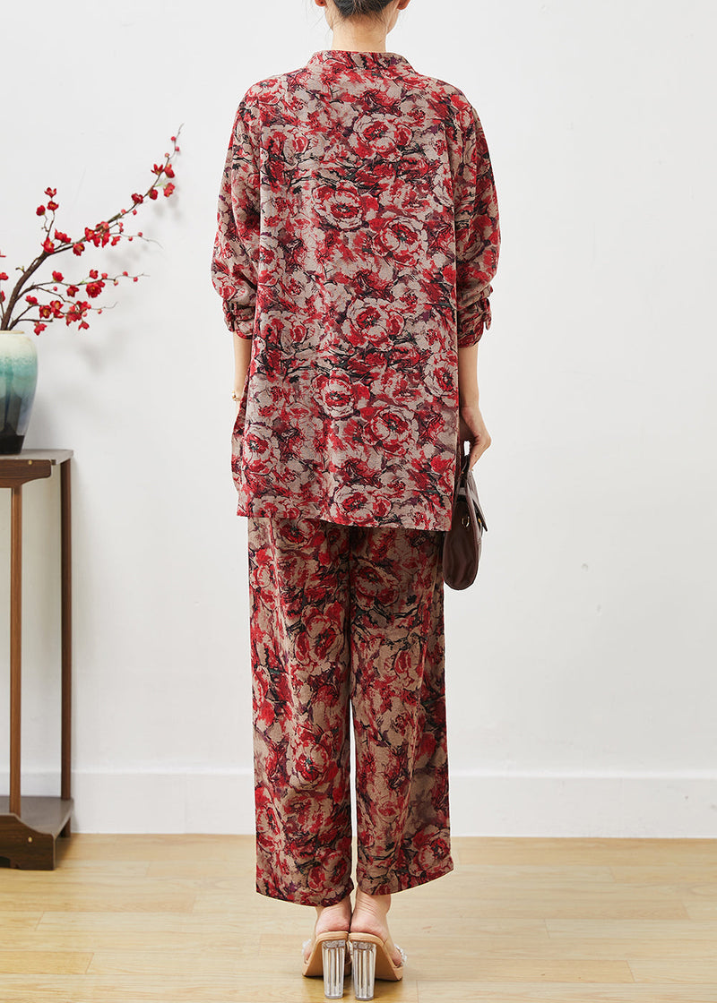 Red Print Chinese Button Linen Two Pieces Set Spring
