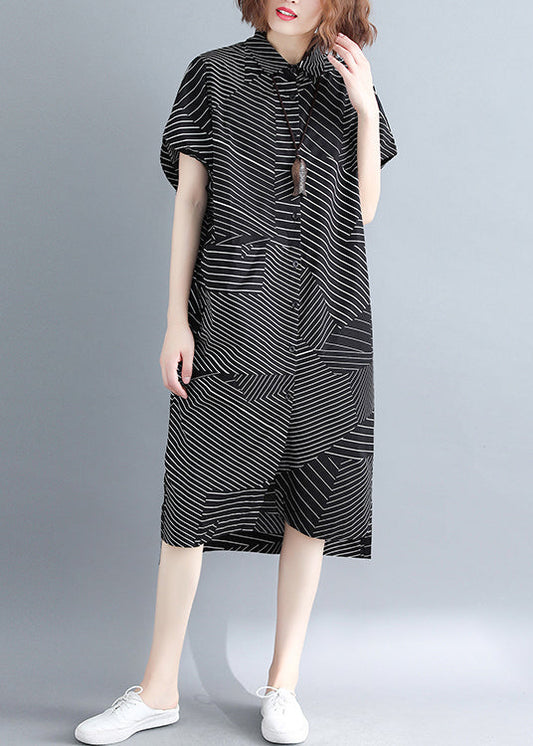 Stylish Black Peter Pan Collar Low High Design Striped Shirt Dresses Short Sleeve
