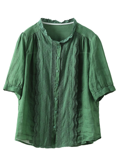 Fine Orange O-neck Patchwork Hollow Out Button Ramie Shirts Short Sleeve