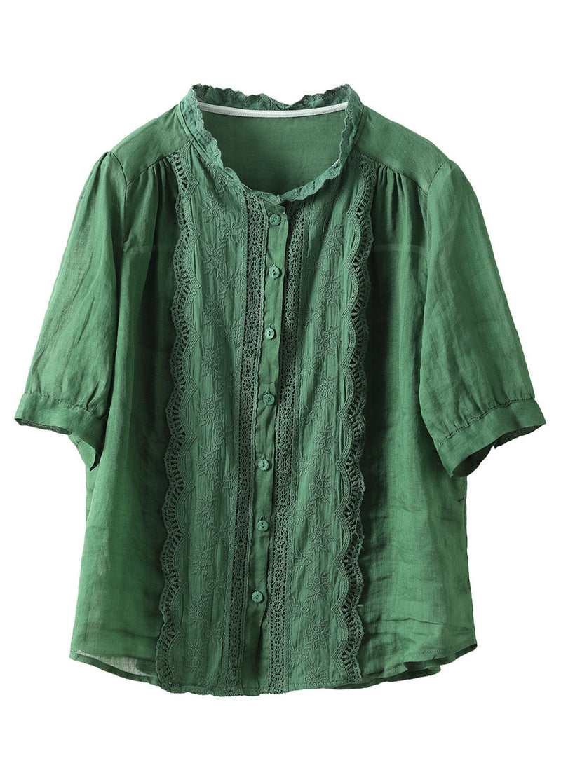 Fine Orange O-neck Patchwork Hollow Out Button Ramie Shirts Short Sleeve