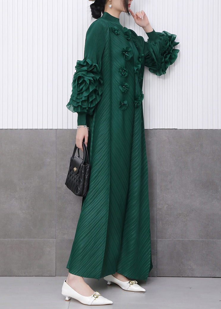 Fine Emerald Decorated Dinner Dress Pleated Texture Scallop Trim