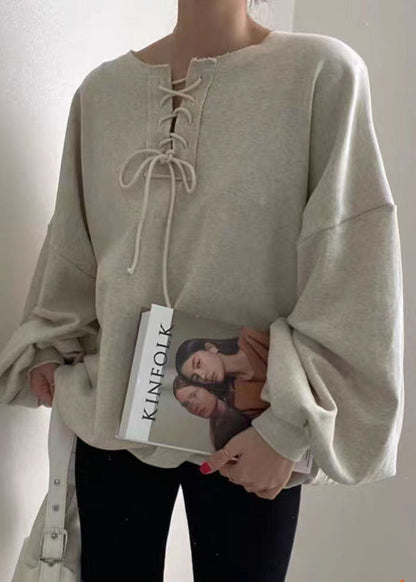Grey O Neck Patchwork Cotton Top Lantern Sleeve