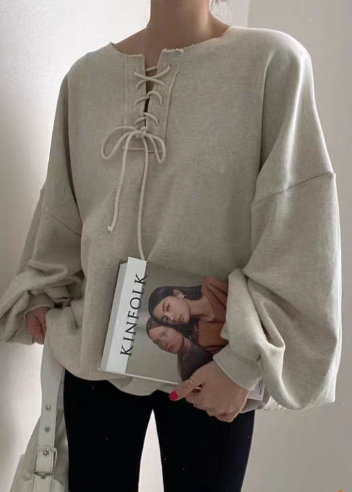 Grey O Neck Patchwork Cotton Top Lantern Sleeve