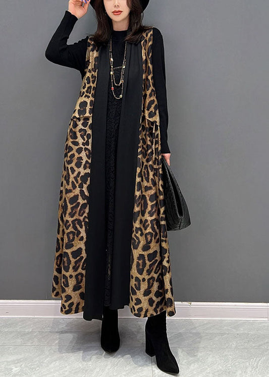 Black Leopard Print Patchwork Chiffon Long Cardigan Sleeveless