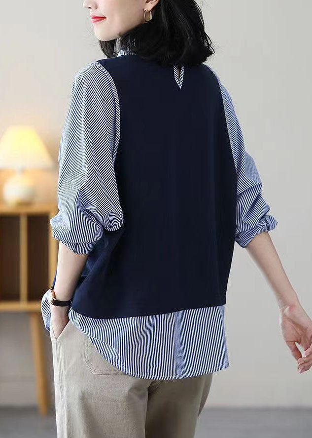Navy Peter Pan Collar Patchwork Striped Cotton Fake Two Piece Tops Spring