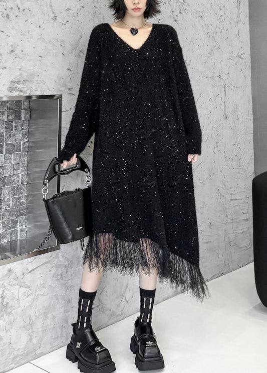 Black Asymmetrical Tulle Patchwork Sequins Cotton Knit Sweater Dress Fall