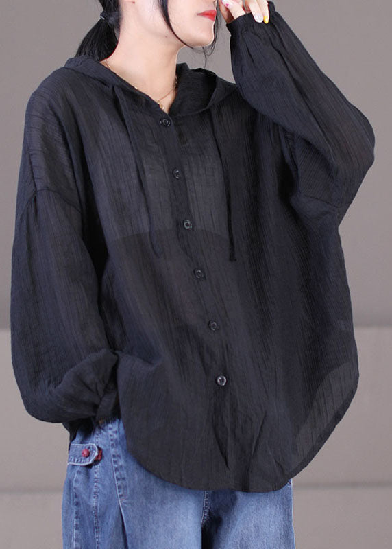 Black Cotton Upf 50+ Coat Jackets Oversized Drawstring Long Sleeve