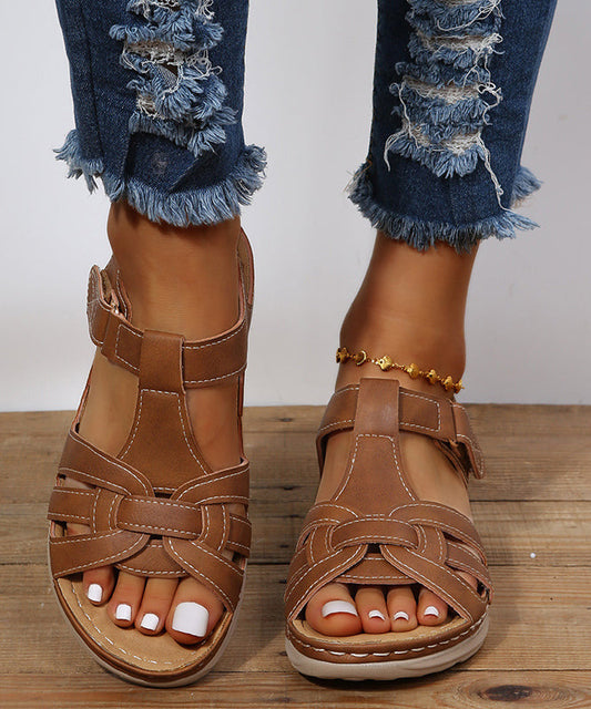 Brown Wedge Faux Leather Splicing Sandals Peep Toe