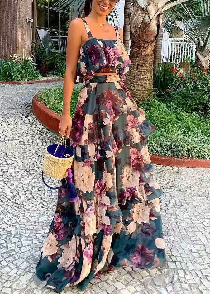 New Photo Color Print Tank and Skirts Two Pieces Set Sleeveless Summer