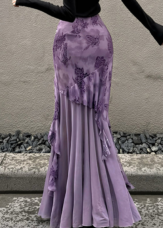 Purple Print Patchwork Tulle Wraped Skirts Spring