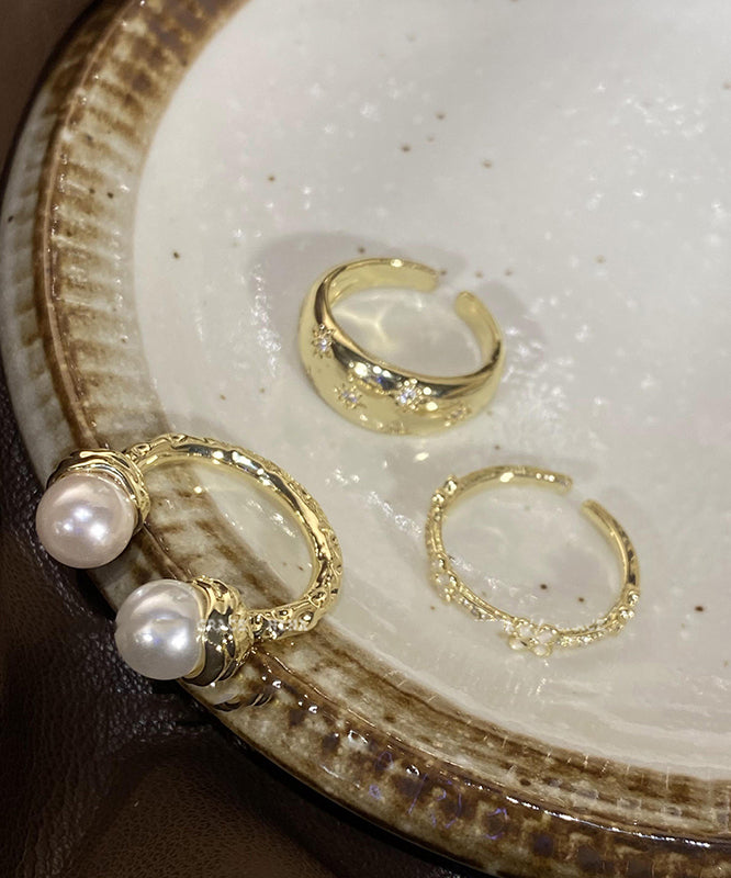 Gold Alloy Zircon Pearl Star Rings Three Piece Set