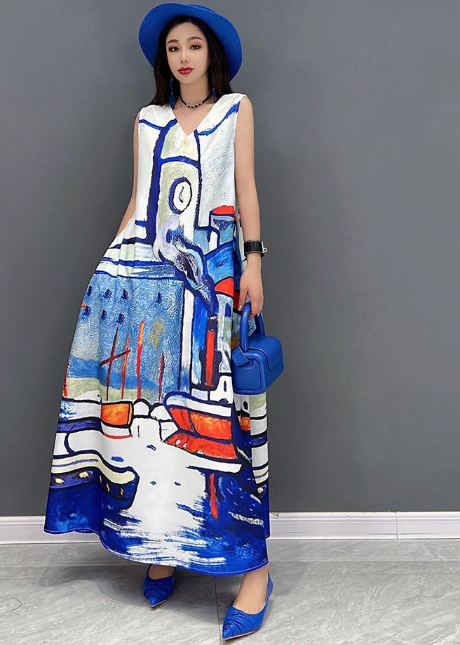 White V Neck Graphic Print Chiffon a Line Long Dress Sleeveless