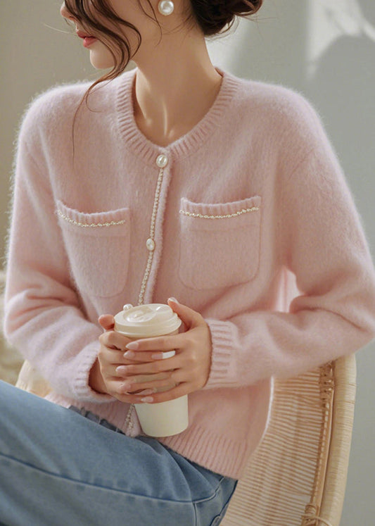 Art Pink O-neck Button Pockets Knit Cardigan Spring