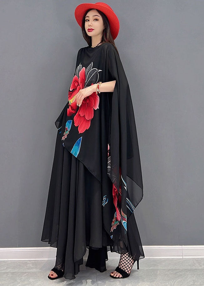 French Black Slash Neck Asymmetrical Design Print Chiffon Two Piece Set Batwing Sleeve