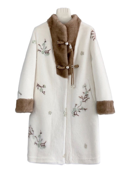 Chinese Style Beige Tasseled Embroideried Mink Cashmere Coat Winter
