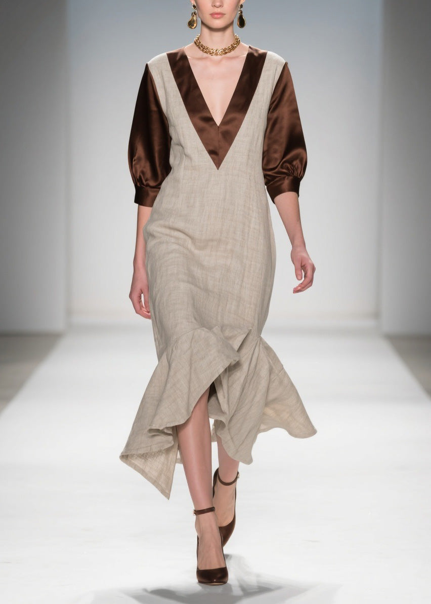 V Neck Ruffled Patchwork Linen Silk Dress Summer
