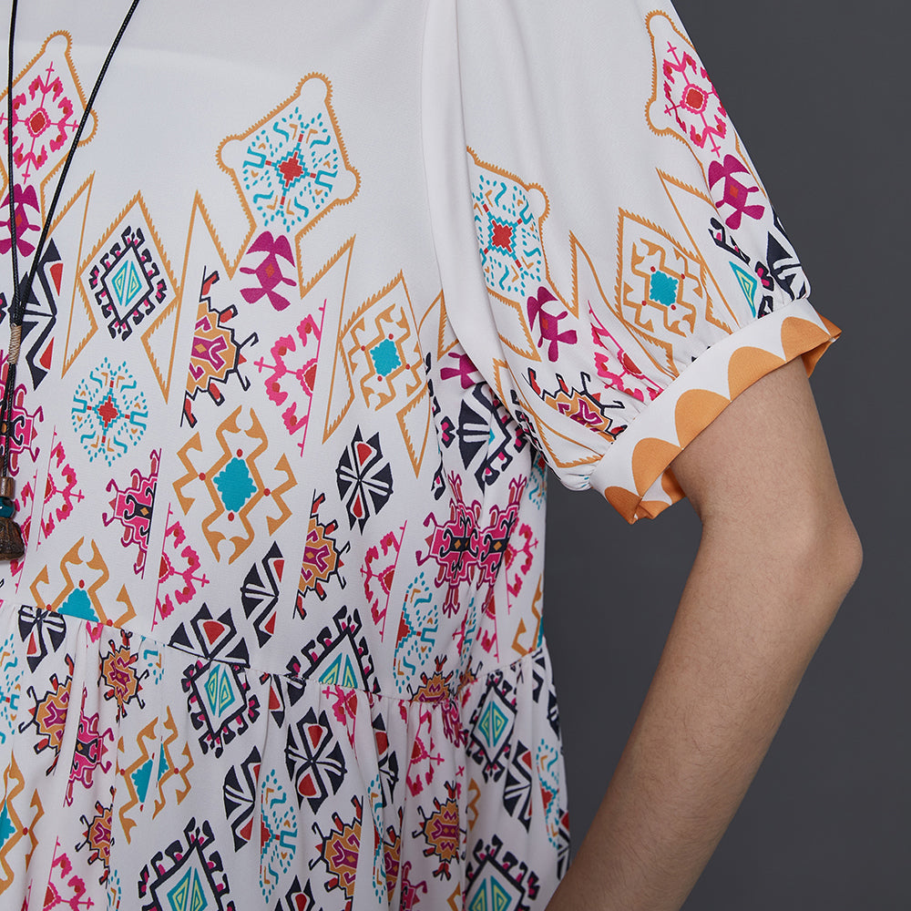 French White Print Chiffon Vacation Dresses Summer