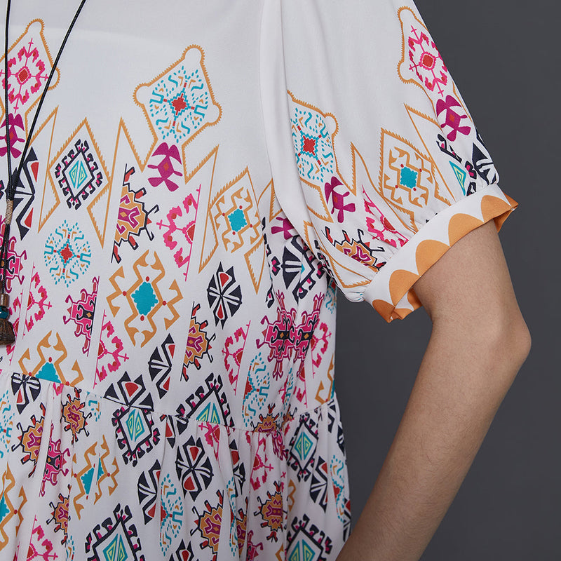 French White Print Chiffon Vacation Dresses Summer