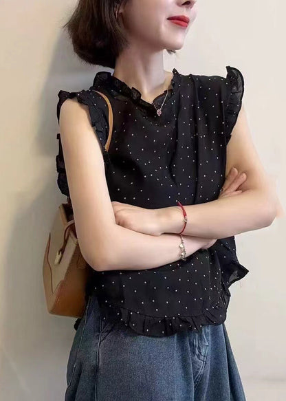 Black Dot Print Ruffled Chiffon Vests Sleeveless
