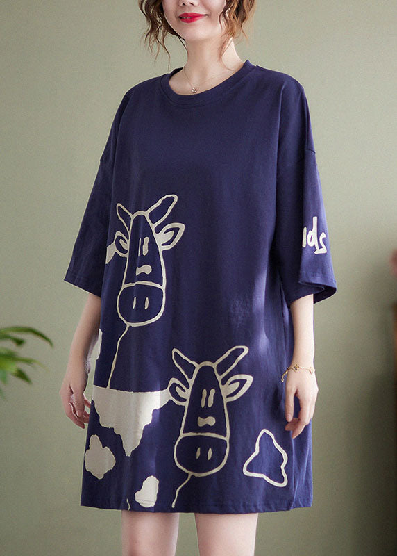 Blue O-neck Cow Print Cotton Vacation Dresses Short Sleeve