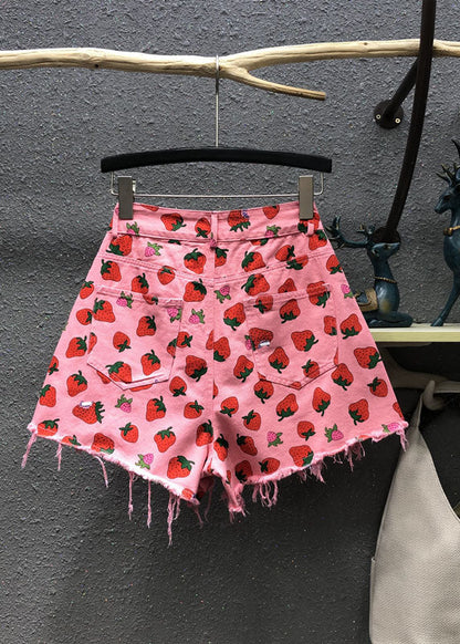 Pink Strawberry Print Pockets Denim Shorts Summer