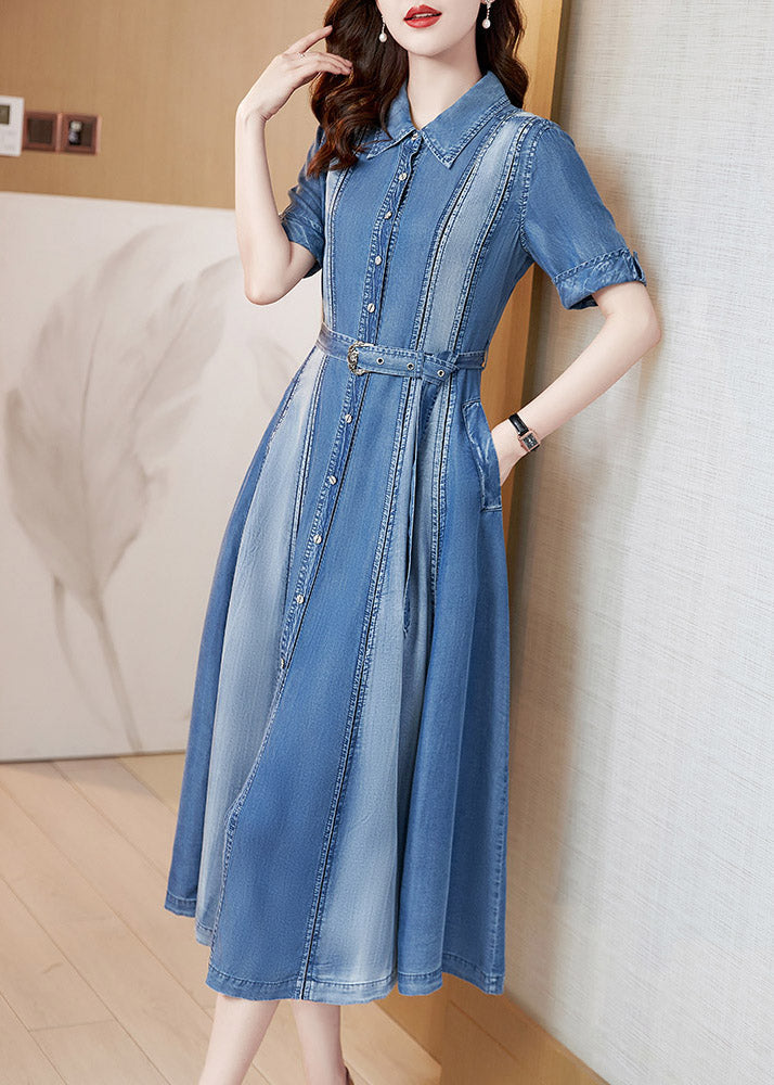 Blue Peter Pan Collar Patchwork Sashes Silk Denim Long Dress Short Sleeve