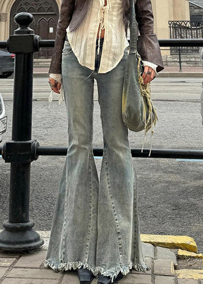 Natural Patchwork Pockets Denim Flared Trousers Spring