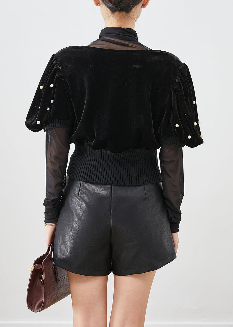 Black Nail Bead Silk Velour Vest and Shirt Two Piece Suit Set Fall