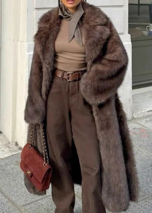 Brown Peter Pan Collar Pockets Faux Fur Coats Winter