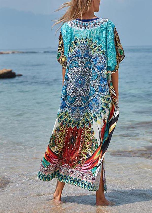 Blue Print Cotton V Neck Beach Gown Ankle Dress