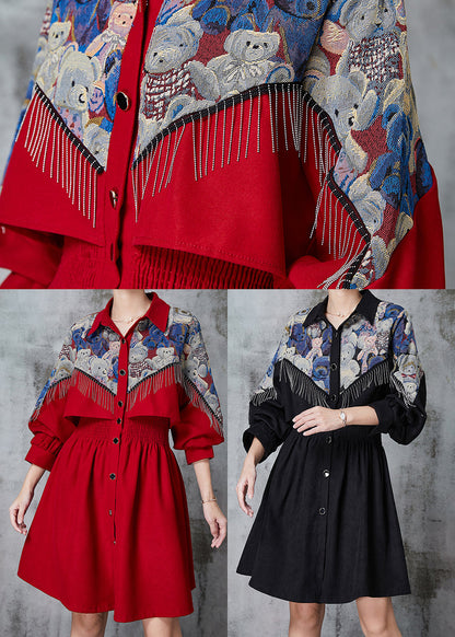 Black Tasseled Patchwork Cotton Dress Spring