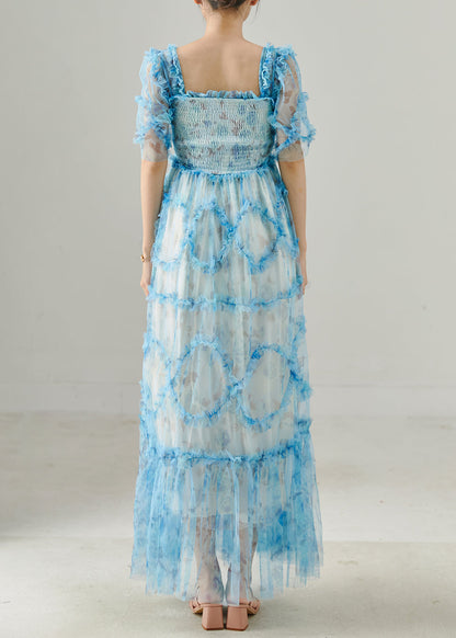 Blue Ruffled Patchwork Tulle Dresses Summer
