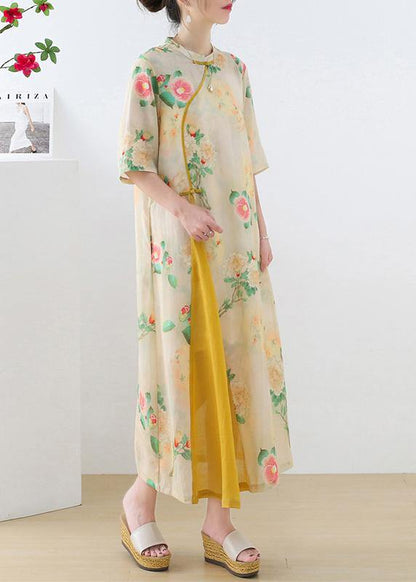 Stylish Green Print O-neck Asymmetrical Design Dress Summer Ramie